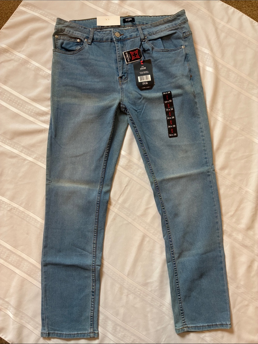 NWT Blu Rock Men’s Stretch Denim Jeans Light Wash Slim Straight 34x30